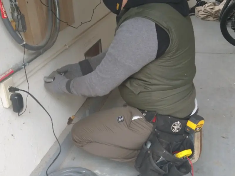 Electrician performing outlet wiring in a Litchfield garage